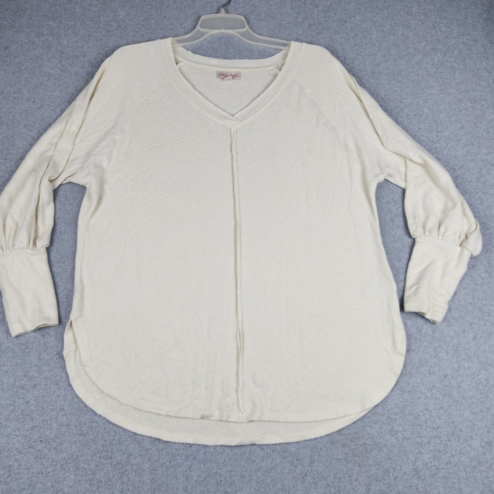 Knox Rose Knit Top Womens XL Cream Exposed Seams Relaxed Boho Long Sleeve V-Neck
